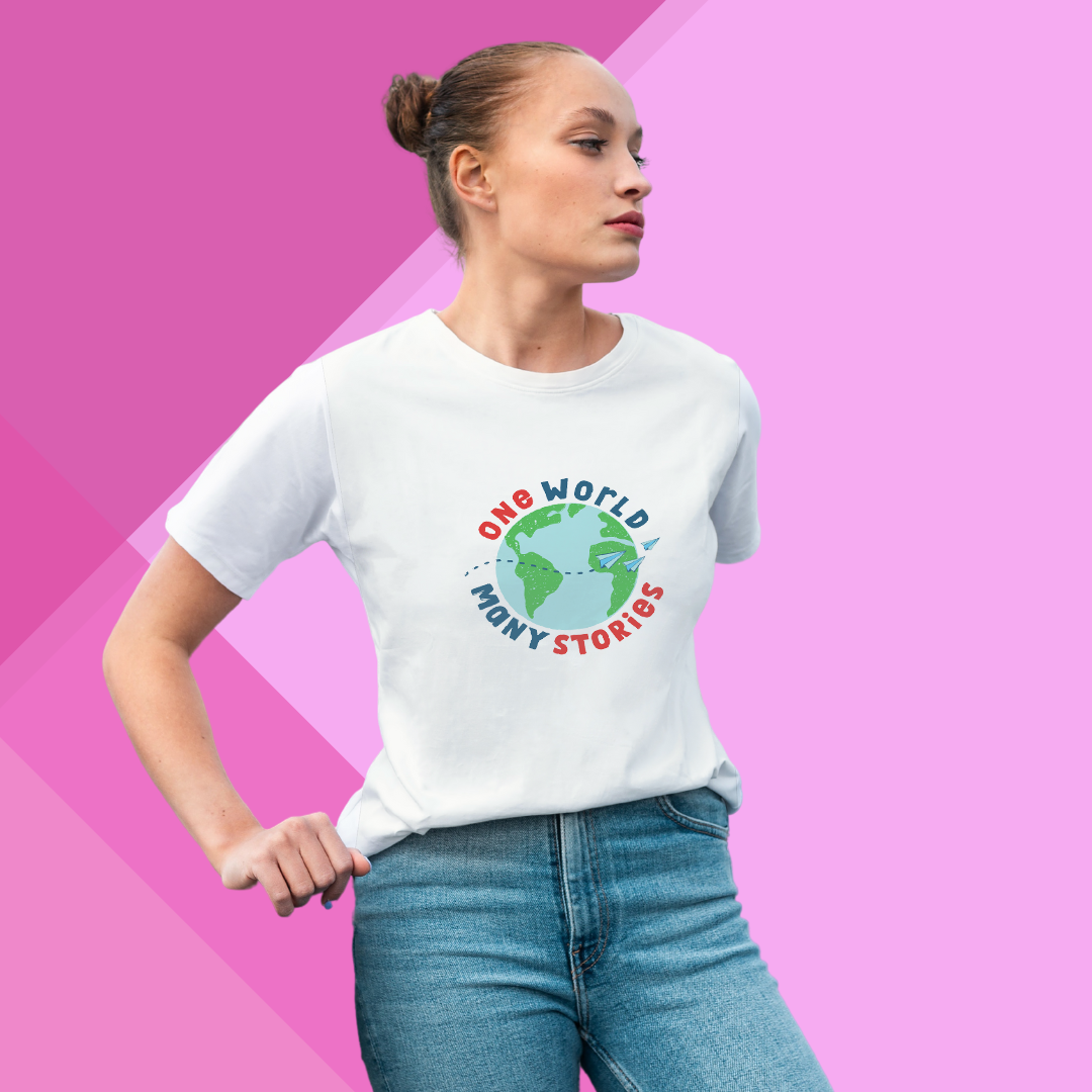 "Celebrate Diversity with 'One World Many Stories' Printed Women's White T-Shirt"