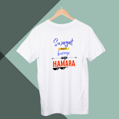 Make a Statement with "Swagat Nahi Karoge Hamara" Printed Men's White T-Shirt