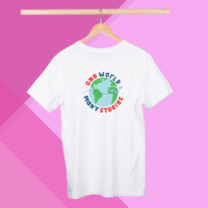 "Celebrate Diversity with 'One World Many Stories' Printed Women's White T-Shirt"