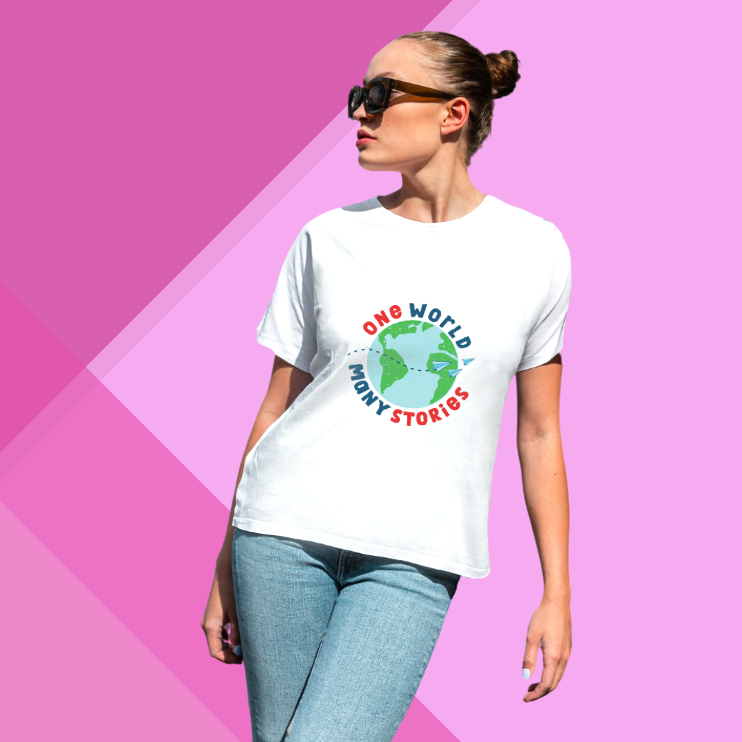 "Celebrate Diversity with 'One World Many Stories' Printed Women's White T-Shirt"