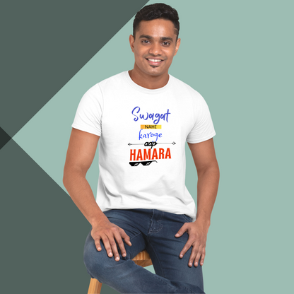 Make a Statement with "Swagat Nahi Karoge Hamara" Printed Men's White T-Shirt