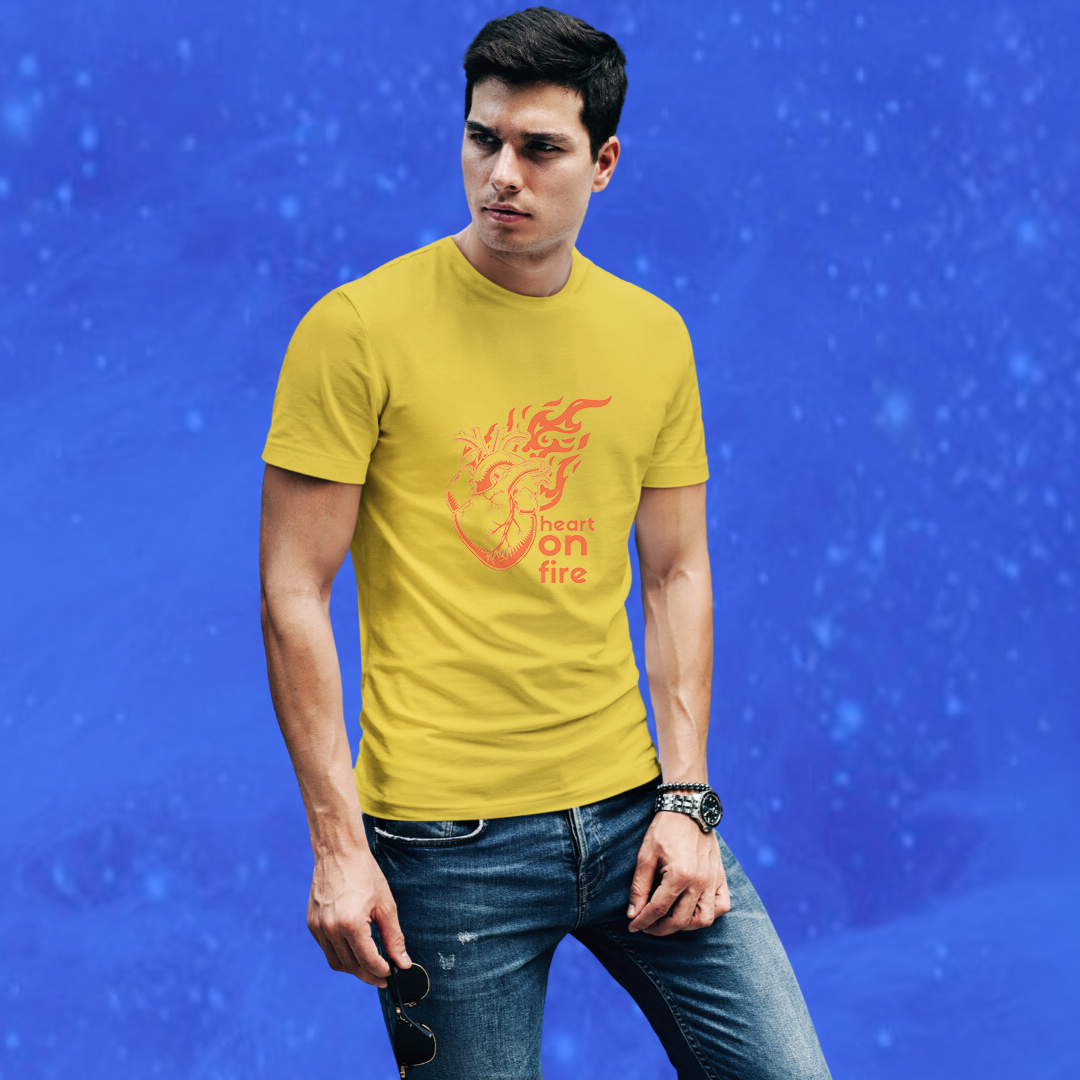 Set Your Heart on Fire with Men's "Heart on Fire" Printed Yellow T-shirt!