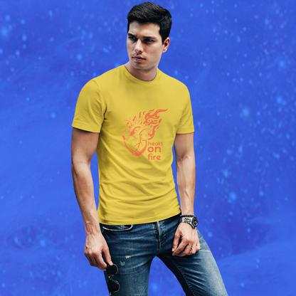 Set Your Heart on Fire with Men's "Heart on Fire" Printed Yellow T-shirt!