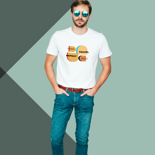 Stay Playful with Men's "Work, Travel, Repeat, Save" Printed White T-Shirt