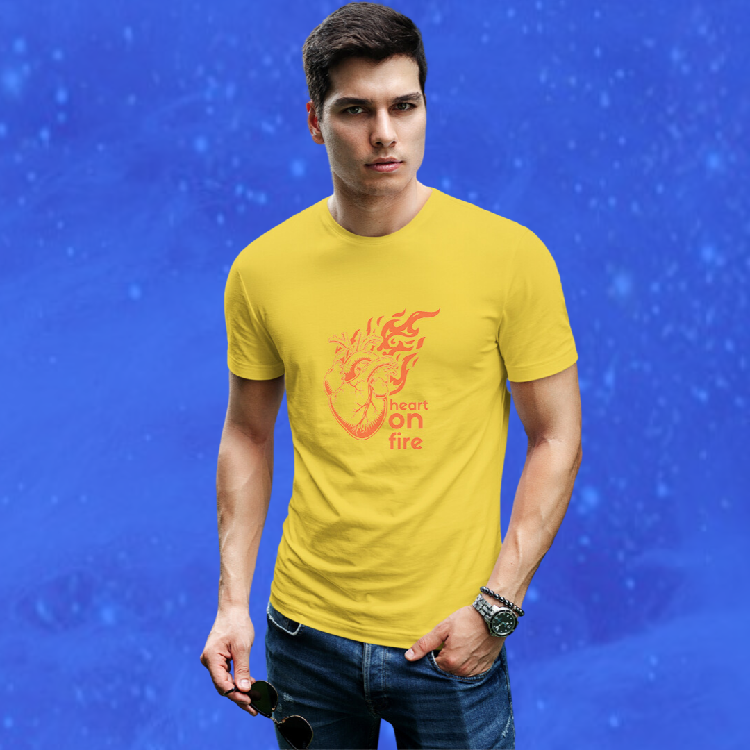 Set Your Heart on Fire with Men's "Heart on Fire" Printed Yellow T-shirt!