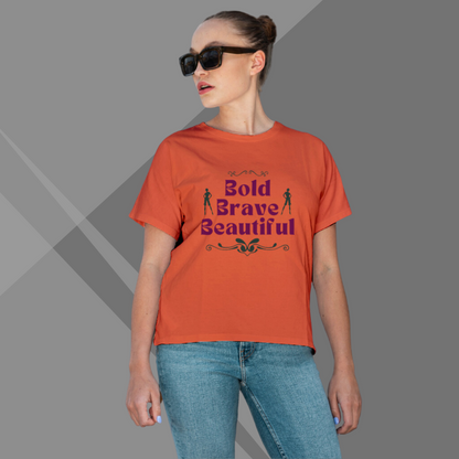 "Celebrate Your Strength with 'Bold, Brave, Beautiful' Printed Orange T-Shirt for Women"