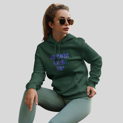 Stay Motivated with the "Never Give Up" Printed Green Hoodie for Women