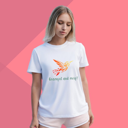 Women's "Graceful & Swift" Printed White T-Shirt - Embrace Elegance