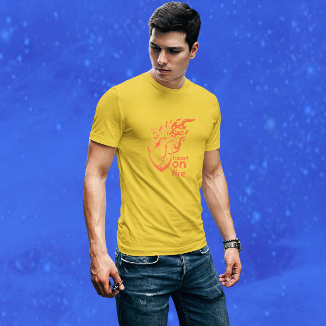 Set Your Heart on Fire with Men's "Heart on Fire" Printed Yellow T-shirt!