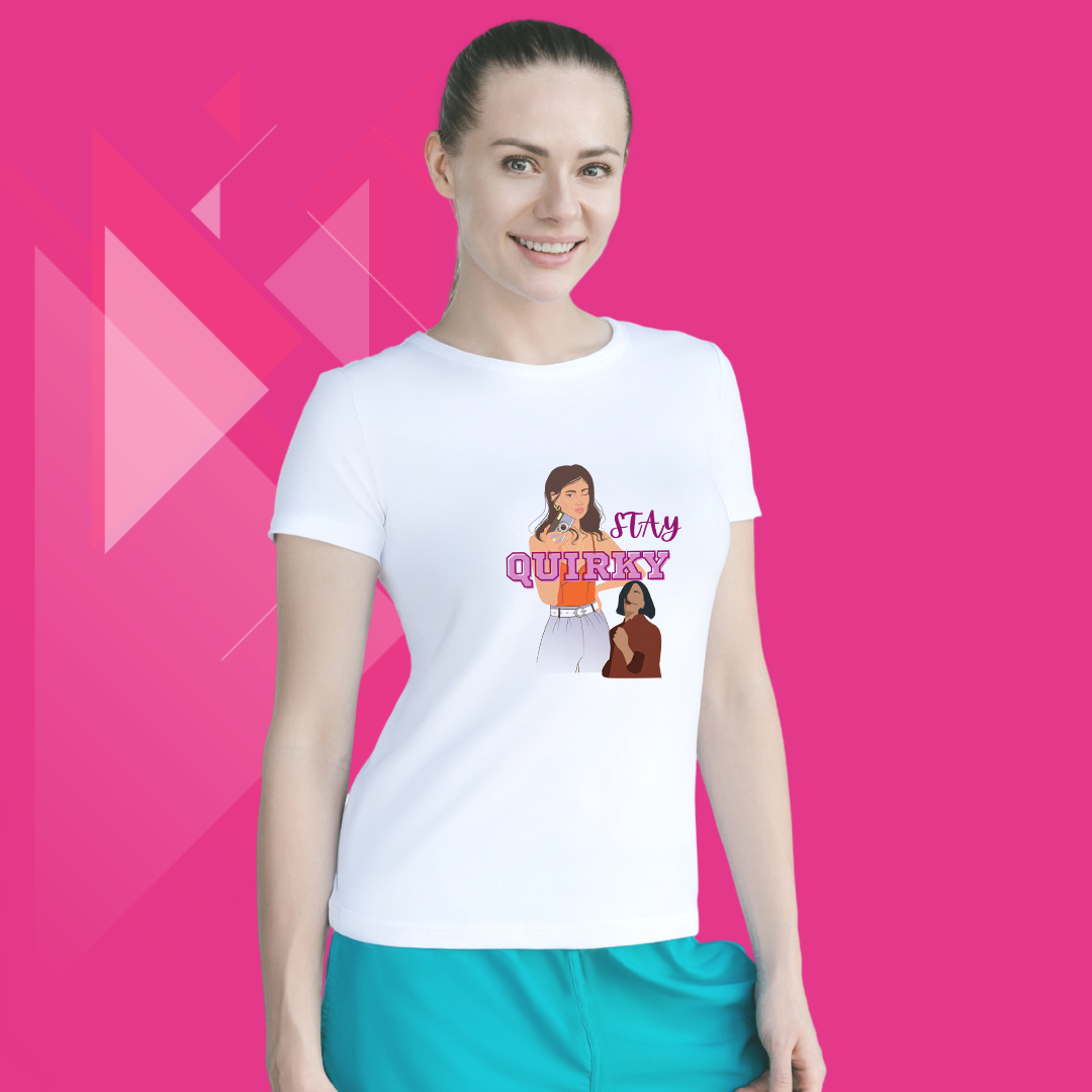 "Embrace Your Quirky Side with Our 'Stay Quirky' Printed White T-Shirt for Women"