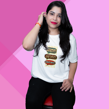 "Experience Premium Quality and Style with 'Vintage' Printed Women's White T-Shirt"