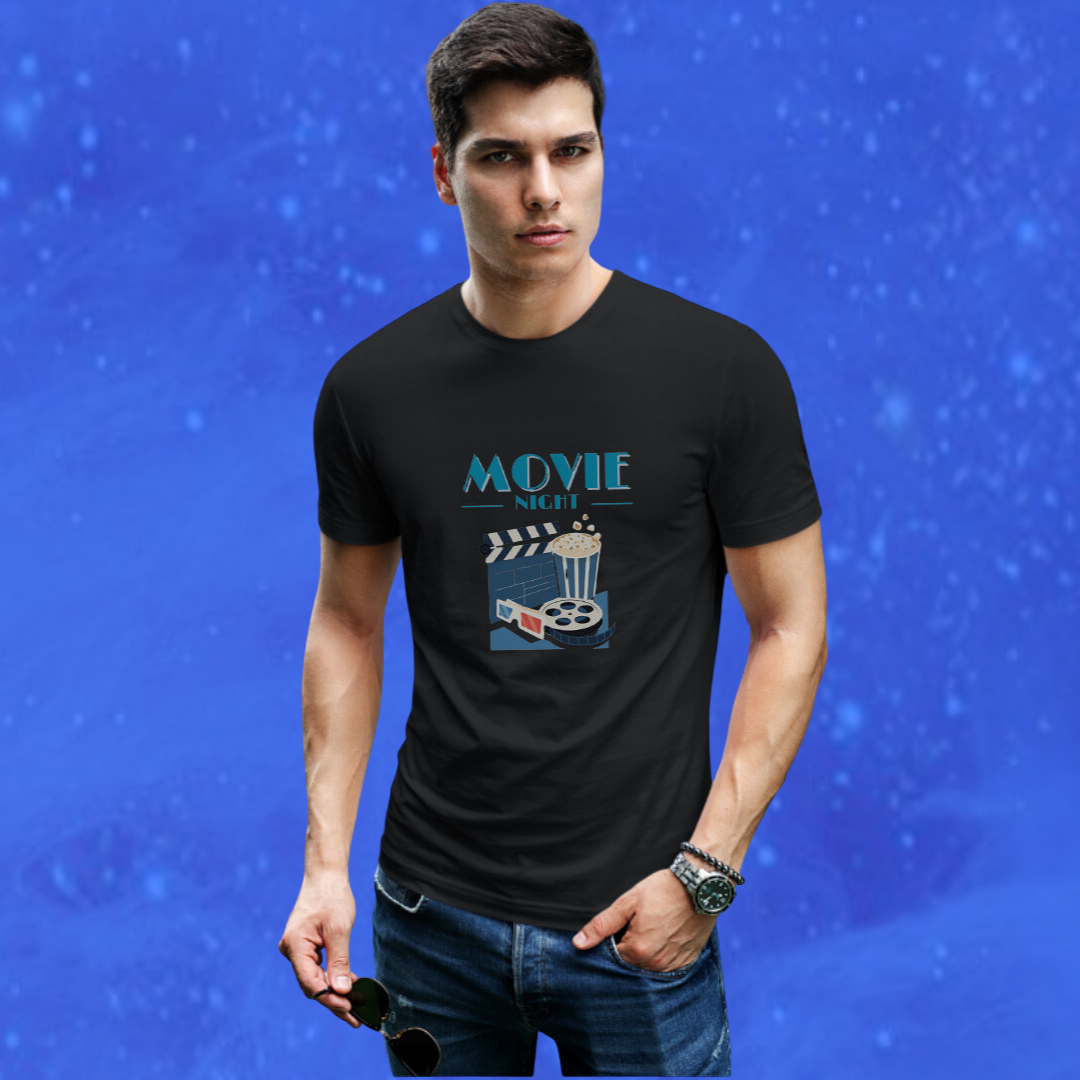 Get Ready for Movie Night with Our "Movie Night" Printed Men's Black T-Shirt!