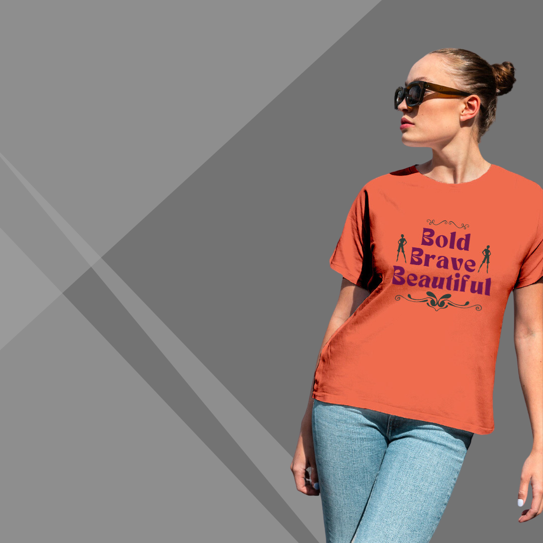 "Celebrate Your Strength with 'Bold, Brave, Beautiful' Printed Orange T-Shirt for Women"