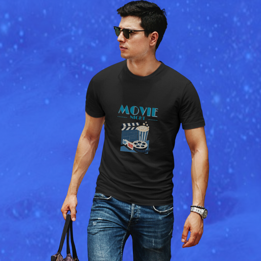 Get Ready for Movie Night with Our "Movie Night" Printed Men's Black T-Shirt!