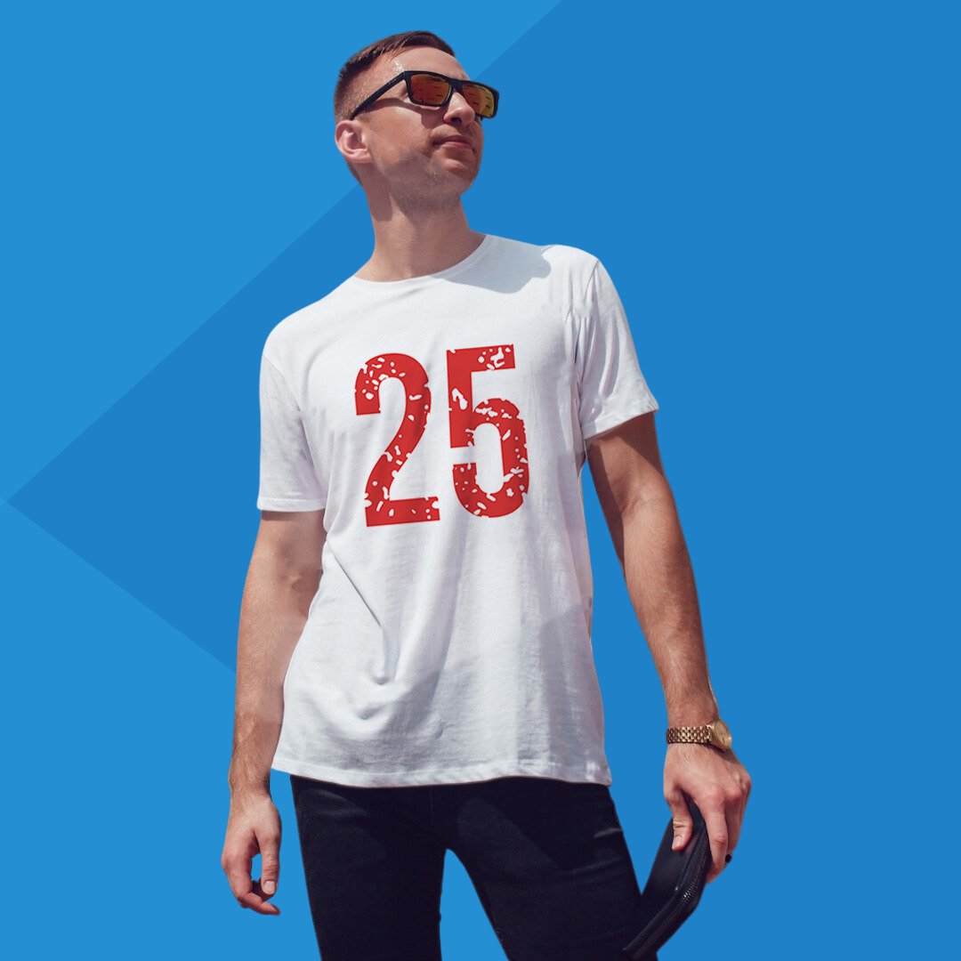 Number 25 white printed t-shirt for men half sleeves front