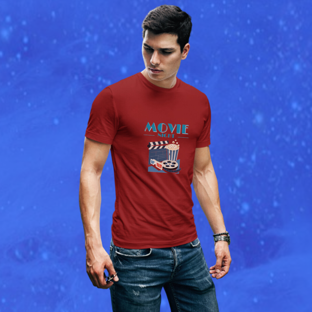 Get Ready for Movie Night with Our "Movie Night" Printed Men's Maroon T-Shirt!