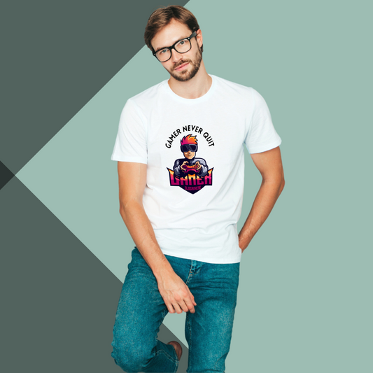 Level Up Your Style with Our "Gamer Never Quit" Printed Men's White T-Shirt