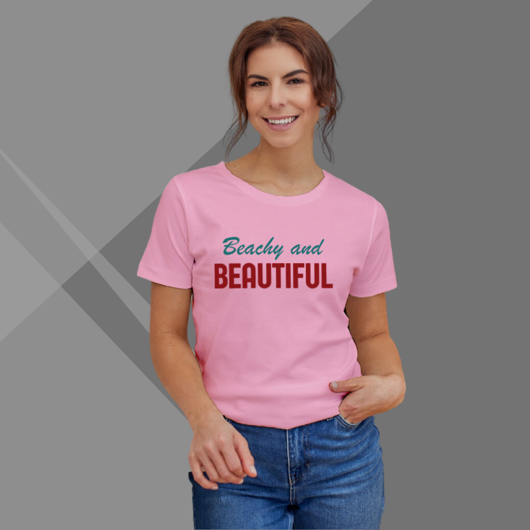 "Radiate Charm: 'Beachy and Beautiful' Printed Pink T-Shirt for Women"