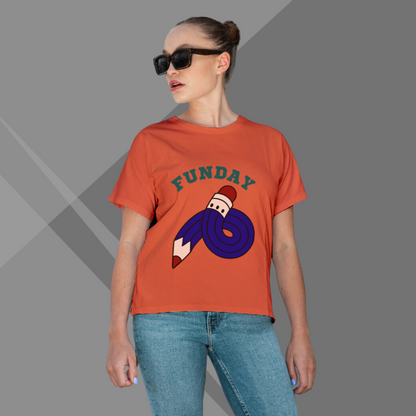 "Get Ready for Fun with 'Funday' Printed Orange T-Shirt for Women"