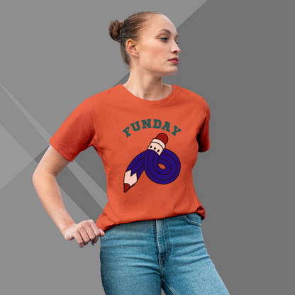 "Get Ready for Fun with 'Funday' Printed Orange T-Shirt for Women"