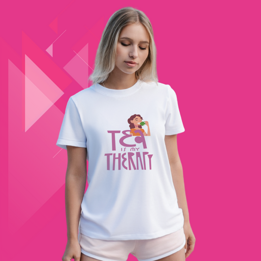 "Relax and Unwind with Our Women's 'Tea is My Therapy' Printed White T-Shirt"