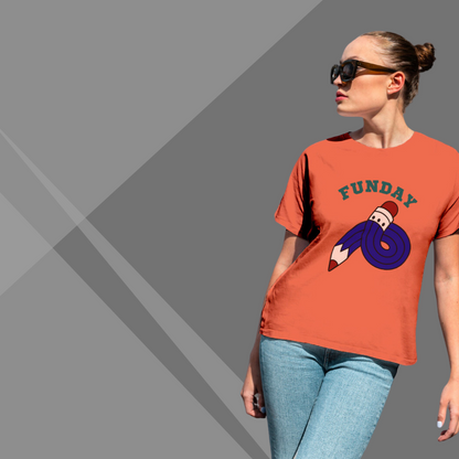 "Get Ready for Fun with 'Funday' Printed Orange T-Shirt for Women"