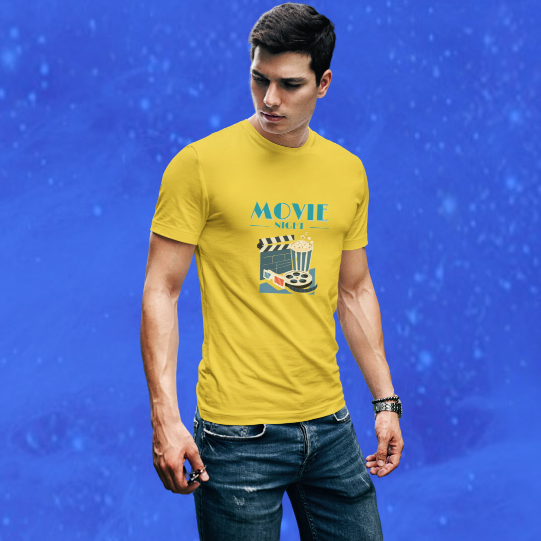 Get Ready for Movie Night with Our "Movie Night" Printed Men's Yellow T-Shirt!