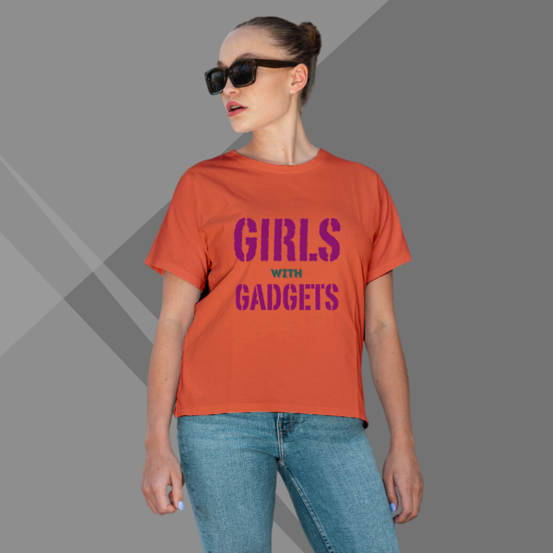 "Tech Savvy: 'Girls With Gadgets' Printed Orange T-Shirt"