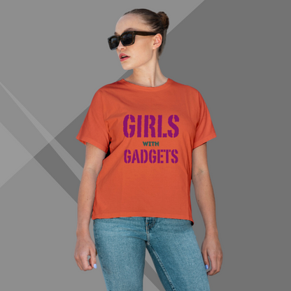 "Tech Savvy: 'Girls With Gadgets' Printed Orange T-Shirt"