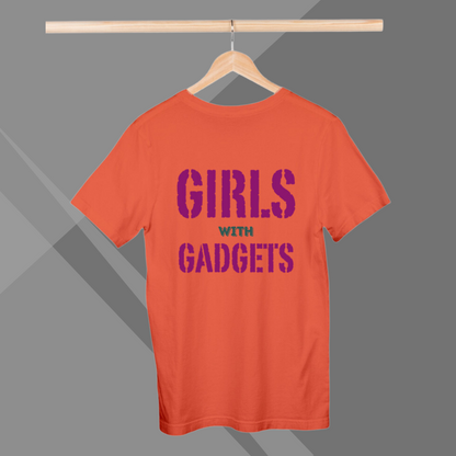 "Tech Savvy: 'Girls With Gadgets' Printed Orange T-Shirt"