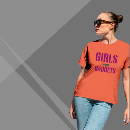 "Tech Savvy: 'Girls With Gadgets' Printed Orange T-Shirt"