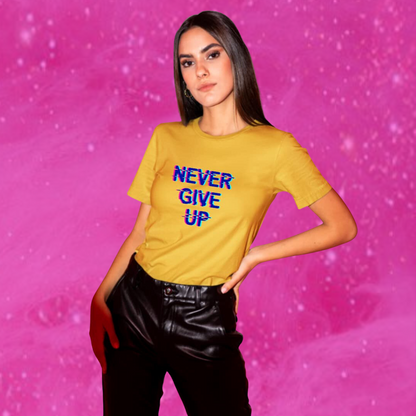 "Stay Motivated with Our 'Never Give Up' Printed Women's Yellow T-shirt!"