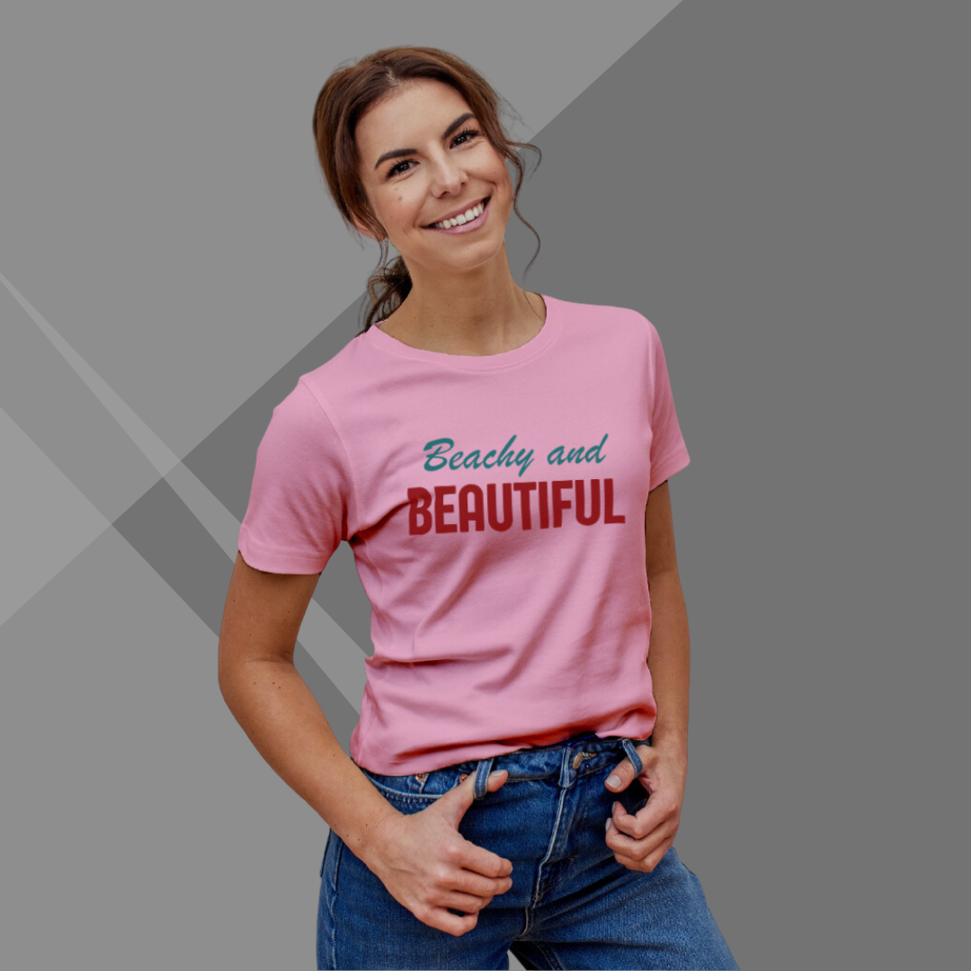 "Radiate Charm: 'Beachy and Beautiful' Printed Pink T-Shirt for Women"