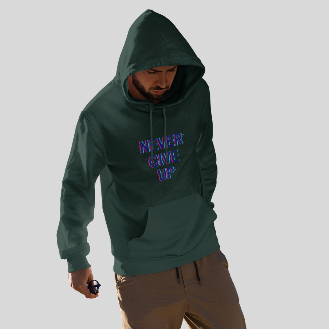 Stay Motivated with the "Never Give Up" Printed Men's Green Hoodie!