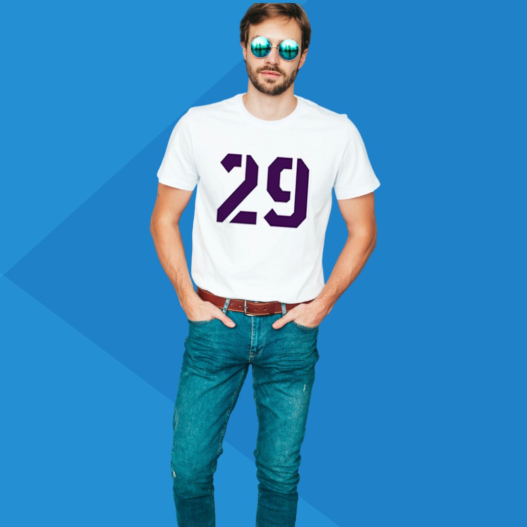 Number 29 white printed t-shirt for men half sleeves front