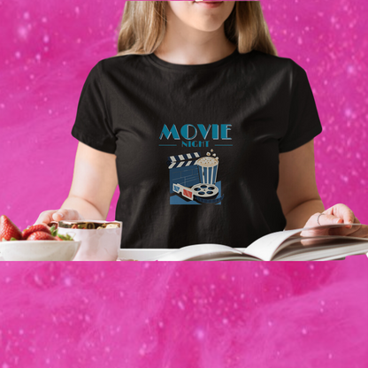 Get Cozy and Stylish with Women's "Movie Night" Printed Black T-Shirt