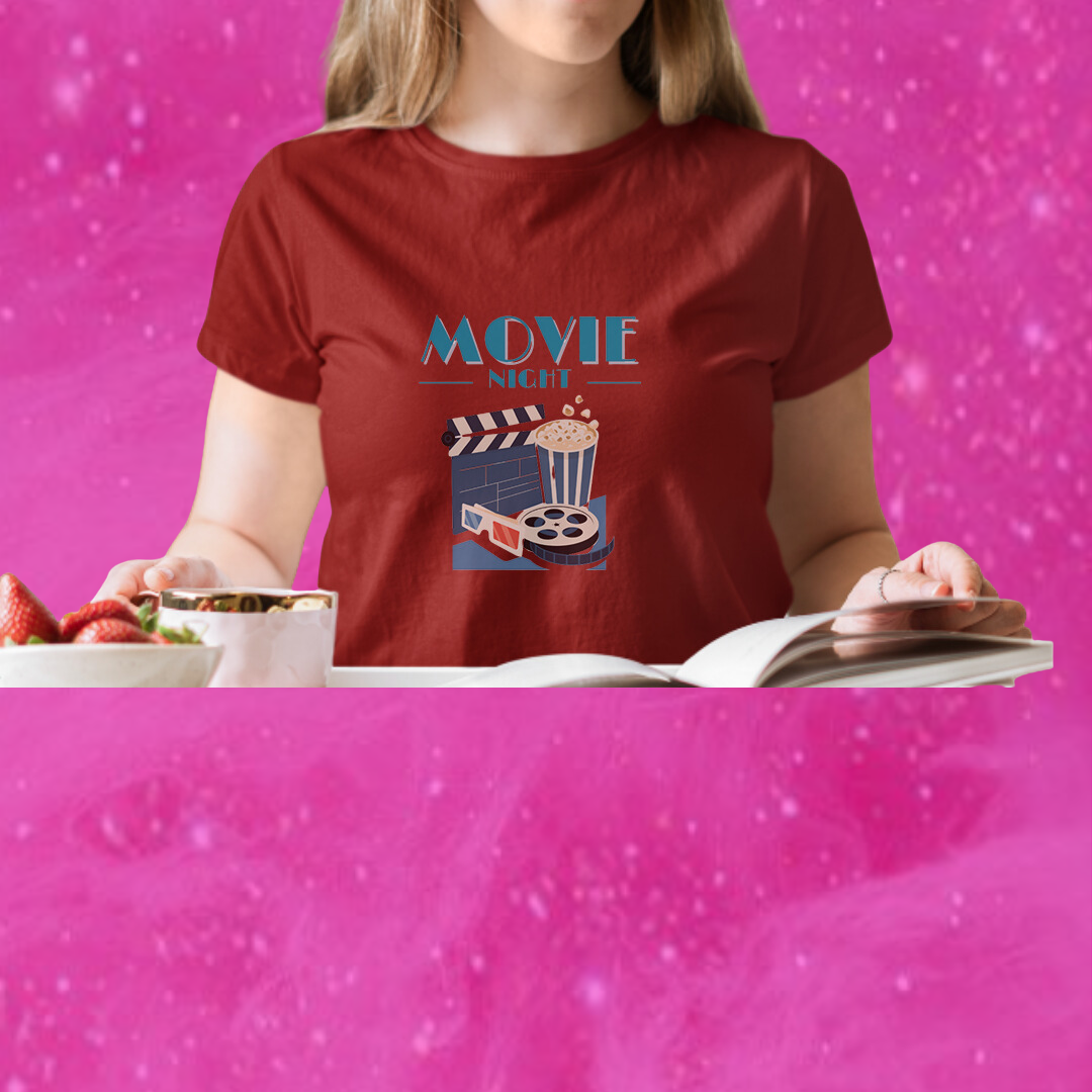 Get Cozy and Stylish with Women's "Movie Night" Printed Maroon T-Shirt