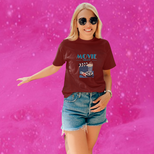 Get Cozy and Stylish with Women's "Movie Night" Printed Maroon T-Shirt