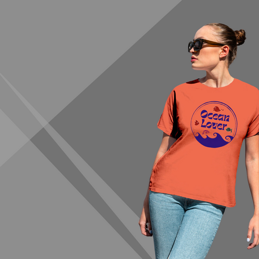 "Ride the Waves: 'Ocean Lover' Printed Orange T-Shirt for Women"