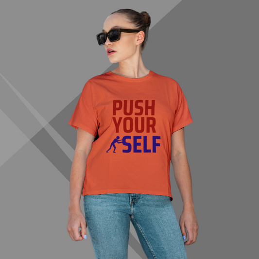 "Set New Heights: 'Push Yourself' Design Printed Orange T-Shirt for Women"