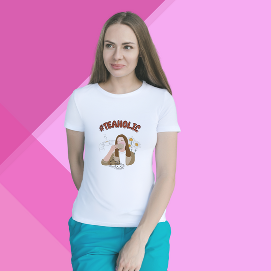 "Celebrate Your Love for Tea with '#Teaholic' Printed Women's White T-Shirt"