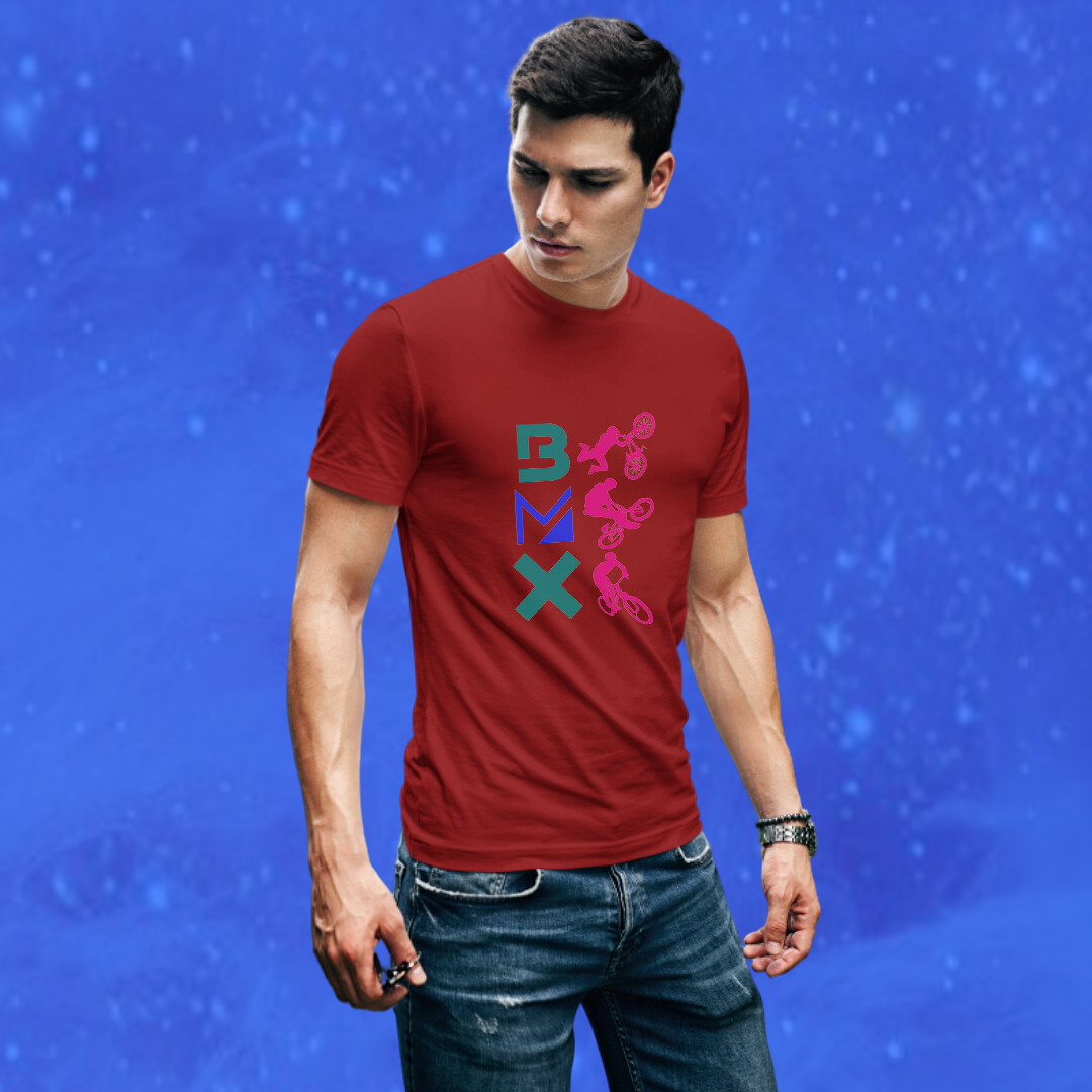 Ride in Style with the Men's "BMX" Printed Maroon T-shirt