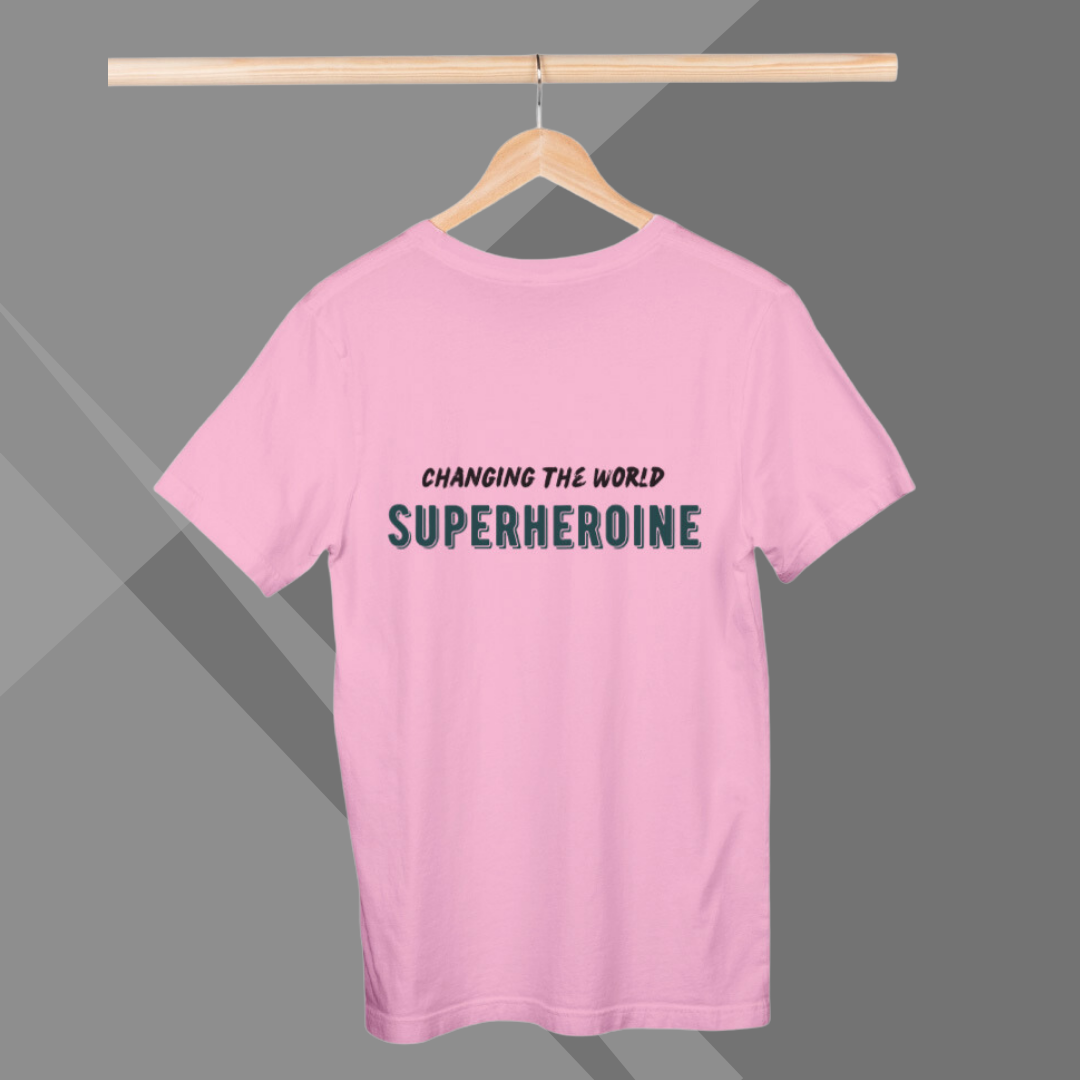 "Empowered to Change the World: 'SUPERHEROINE' Printed Pink T-Shirt for Women"