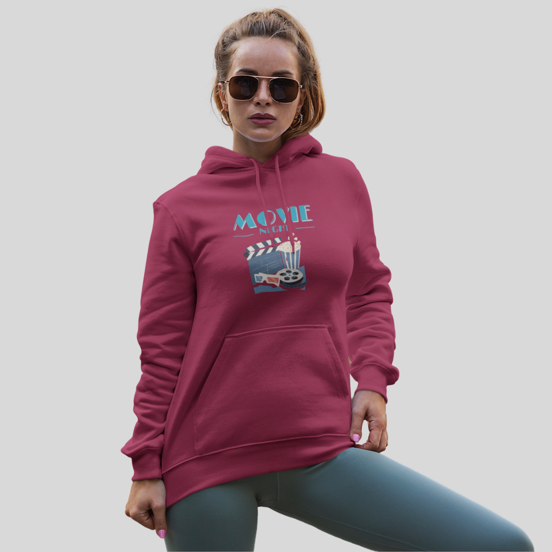 Cozy up with the Women's "Movie Night" Printed Maroon Hoodie