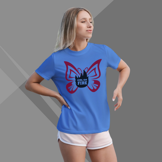 "Embrace Your Inner Spirit with the 'Girl on Fire' Butterfly Printed Women's Blue T-Shirt"