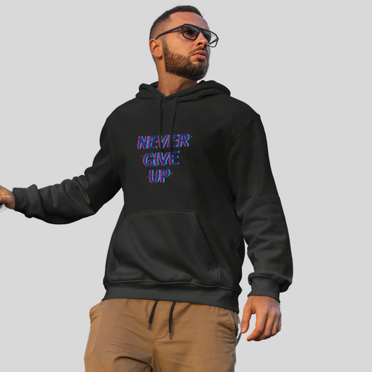 Stay Motivated with the "Never Give Up" Printed Men's Black Hoodie!