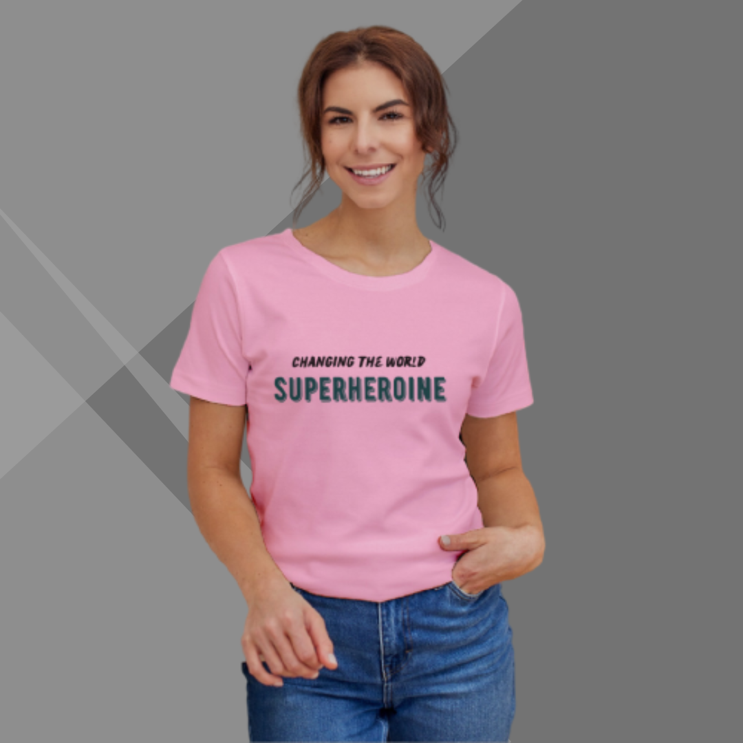 "Empowered to Change the World: 'SUPERHEROINE' Printed Pink T-Shirt for Women"