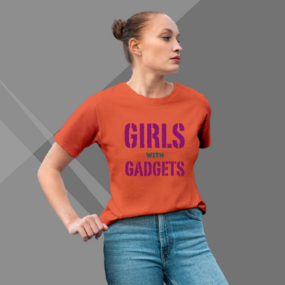 "Tech Savvy: 'Girls With Gadgets' Printed Orange T-Shirt"