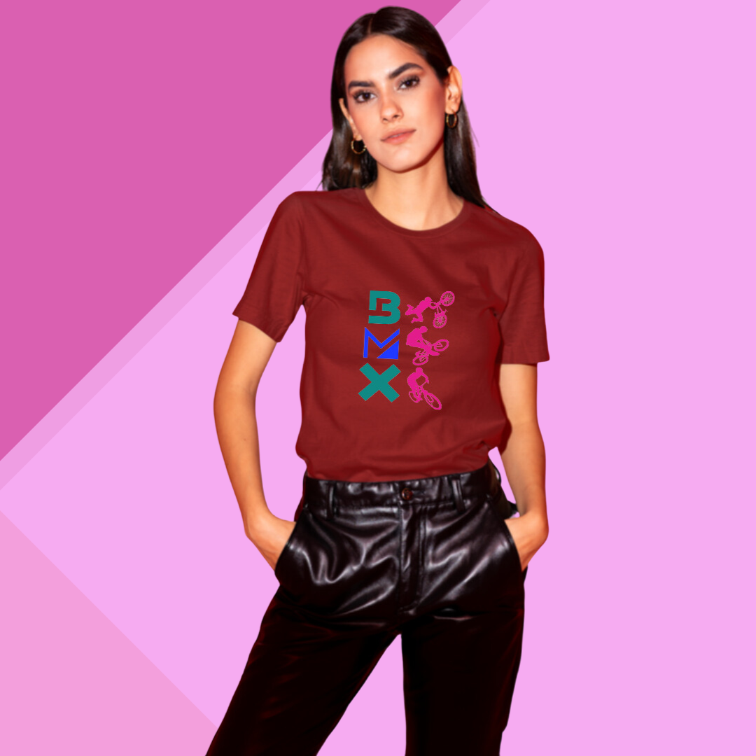 Women's Maroon "BMX" Printed T-shirt - Perfect for the Adventurous Souls!