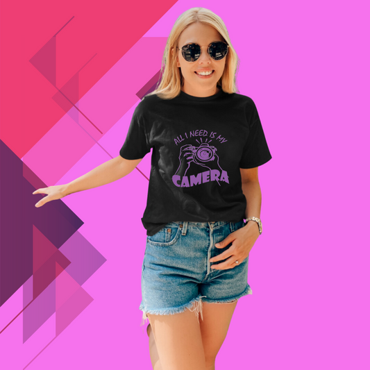 Show Your Love for Photography with our Women's "All I Need Is My Camera" Printed Black T-shirt